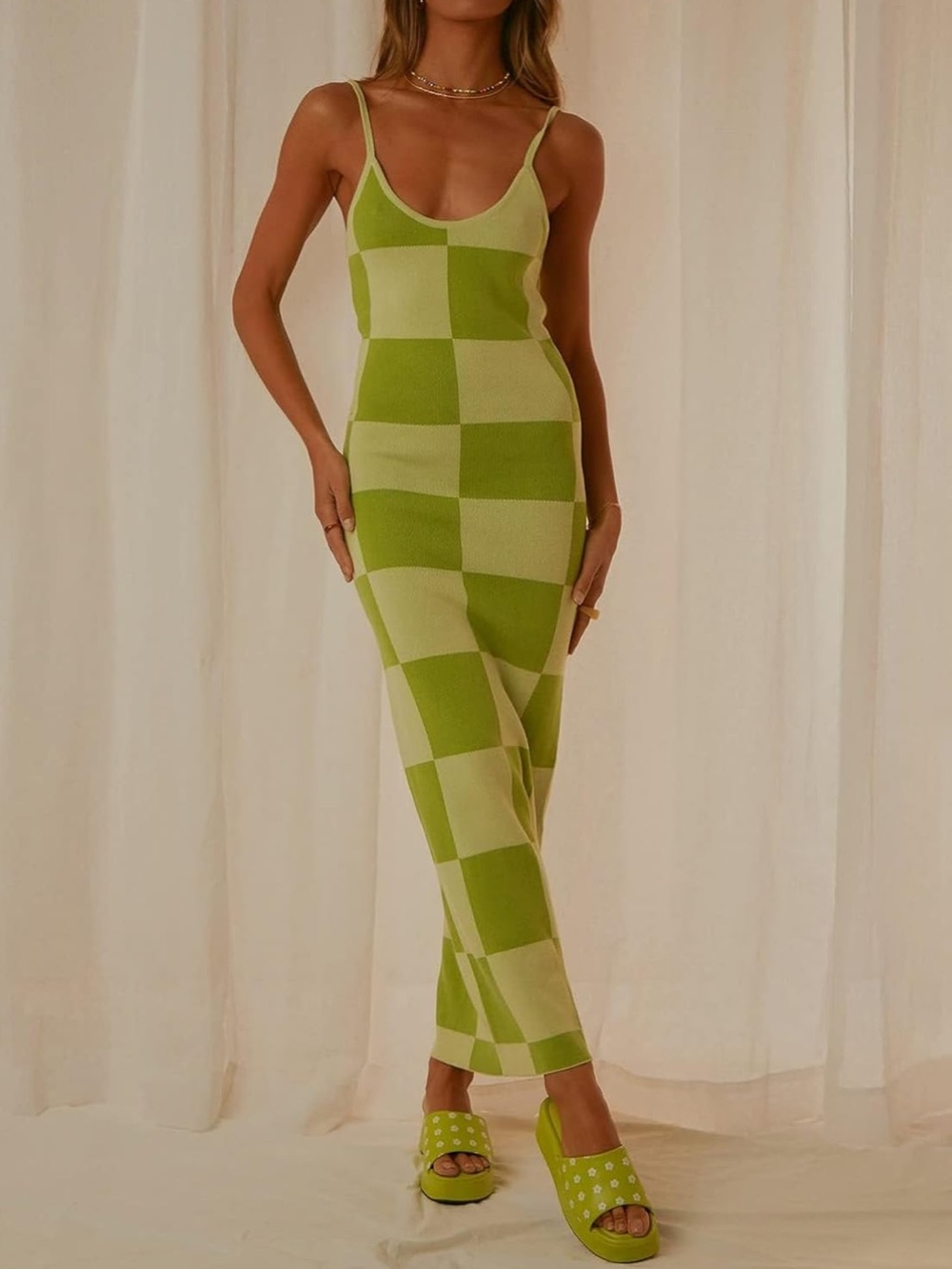 Green Checkered Knit Maxi Dress